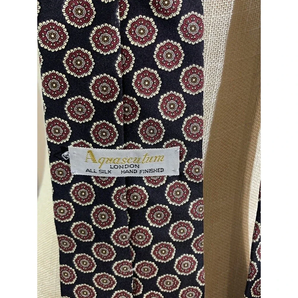 Vintage Aquascutum London Black with burgundy & ivory Geometric Circles NeckTie